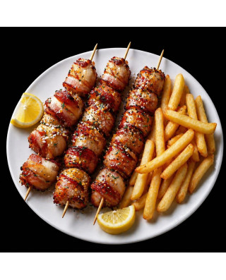 Frigarui invelite in bacon cu cartofi prajiti si sos tzatzoki Frigarui invelite in bacon cu cartofi prajiti si sos tzatzoki