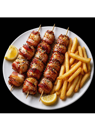 Frigarui invelite in bacon cu cartofi prajiti si sos tzatzoki