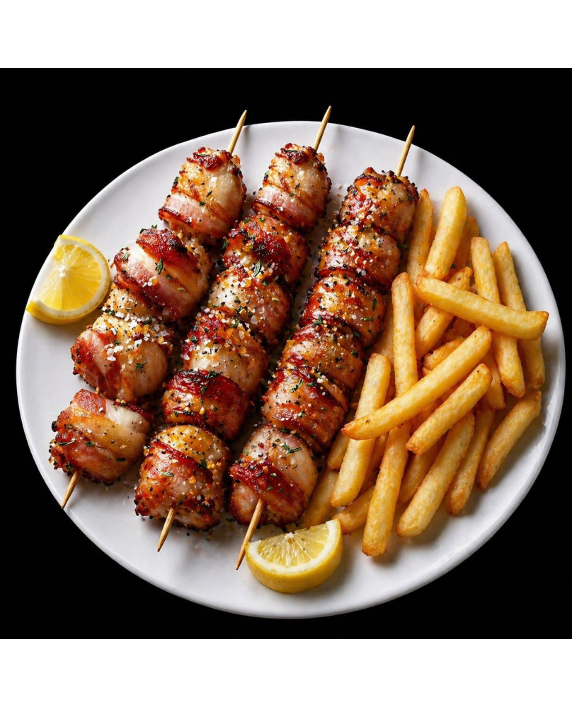 Frigarui invelite in bacon cu cartofi prajiti si sos tzatzoki