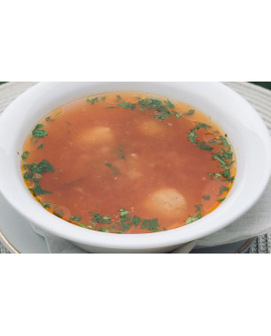 Ciorba de perisoare/Parmigiana de pui si cartofi prajiti/Orez cu lapte